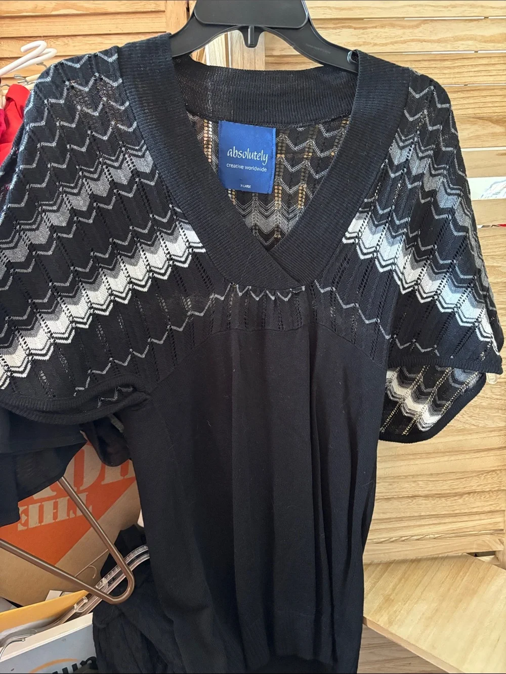 Absolutely Black Knit V-Neck Sweater with Chevron Yoke And Batwing Sleeves XL